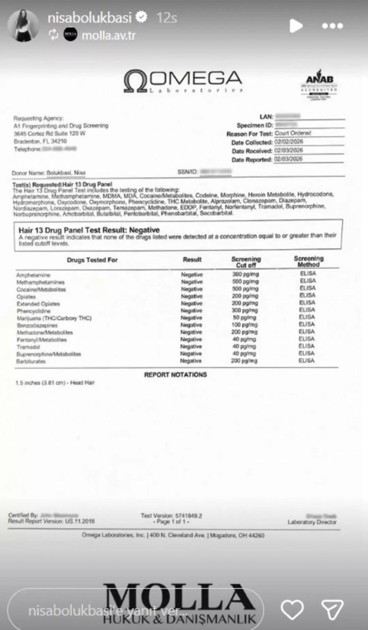 <p><span style="color:#800080"><em><strong>"M&uuml;vekkilimiz Nisa B&Ouml;L&Uuml;KBAŞI hakkında basına ve sosyal medya mecralarına yansıyan birtakım haber ve paylaşımlar nedeniyle işbu a&ccedil;ıklamanın yapılması zarureti doğmuştur. Bir s&uuml;redir Amerika Birleşik Devletleri'nde yaşamını s&uuml;rd&uuml;ren m&uuml;vekkilimiz, vatandaşlık prosed&uuml;rleri sebebiyle yakın tarihte &uuml;lkemize seyahat edemeyecekse de; 02/02/2026 tarihinde ABD'de akredite bir laboratuvarda sa&ccedil; &ouml;rneğinden 13 panel uyuşturucu/uyarıcı madde tarama testi yaptırmış olup, 03/02/2026 tarihli raporda t&uuml;m sonu&ccedil;ların negatif olduğu tespit edilmiştir."</strong></em></span></p>
