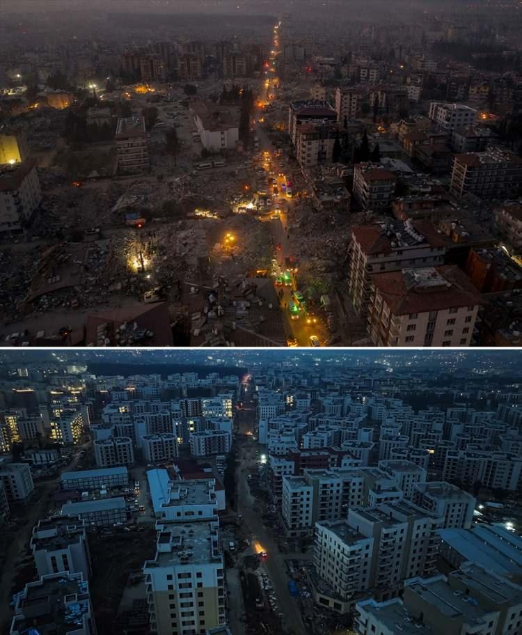 <p>Kentte&nbsp;depremlerde yıkılan ve o d&ouml;nem g&ouml;r&uuml;nt&uuml;lenen bir&ccedil;ok nokta, afetin &uuml;&ccedil;&uuml;nc&uuml; yılında yeniden aynı a&ccedil;ılardan dronla kayda alındı.</p>
