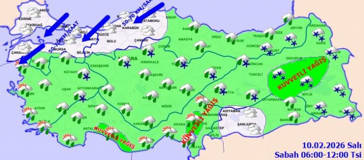 <p>Yağışların, Antalya&rsquo;nın doğusu, Hatay, Osmaniye, Erzurum, Ağrı, Bitlis, Tunceli, Bing&ouml;l, Muş, Hakkari, Şırnak, Batman, Siirt &ccedil;evreleri, Adana'nın doğusu ve Kahramanmaraş'ın batısında yerel kuvvetli olması bekleniyor.</p>

<p>&nbsp;</p>
