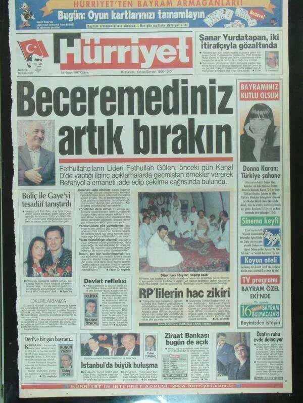 <p><strong>16 NİSAN</strong></p>

<p>Darbenin &ldquo;fetva&rdquo; makamında FET&Ouml; vardı. Postmodern darbenin yaşandığı yıllarda kamuoyunda &ldquo;Hocaefendi&rdquo; diye bilinen Fetullah G&uuml;len, Kanal D adlı televizyon kanalında Yal&ccedil;ın Doğan&rsquo;a verdiği m&uuml;lakatta darbeyi &ouml;vd&uuml;. MGK&rsquo;nın h&uuml;k&uuml;meti devirmeye y&ouml;nelik kararları i&ccedil;in G&uuml;len, &ldquo;İslami usullere g&ouml;re değerlendirildiğinde bu bir i&ccedil;tihattır&rdquo; s&ouml;zleriyle yetinmeyerek aynı konuşmada askerler i&ccedil;in &ldquo;Hata yapsalar bile bir sevap alırlar&rdquo; dedi. Bu m&uuml;lakattan iki g&uuml;n sonra ise (18 Nisan 1997) en başta H&uuml;rriyet olmak &uuml;zere s&uuml;recin yanında yer alan gazetelerin manşetlerini Fetullah G&uuml;len&rsquo;in &ldquo;Beceremediniz bırakın&rdquo; &ccedil;ağrısı s&uuml;sledi.</p>
