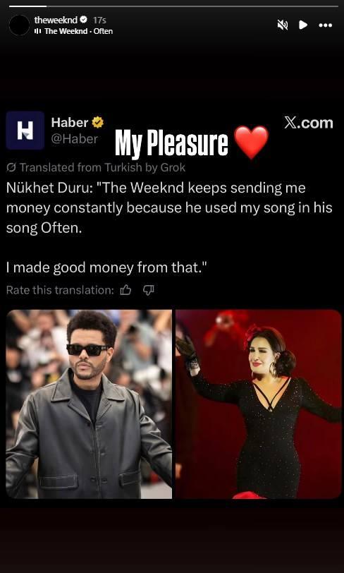 <p><strong>Kanadalı şarkıcı, Duru'nun a&ccedil;ıklamasını paylaşarak g&ouml;nderisine <span style="color:#800000">"Benim i&ccedil;in zevkti."</span> notunu d&uuml;şt&uuml;.</strong></p>
