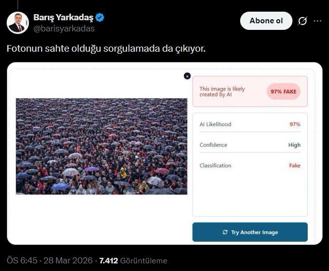 <p>Sorgulama sayfasını da paylaşan Yarkadaş "Fotonun sahte olduğu sorgulamada da çıkıyor." notunu düştü.</p>
