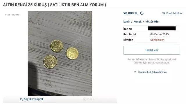 <p>2023 yılında basılan ve biri g&uuml;m&uuml;ş, diğeri altın rengi olan bu paraların <strong>"altın" </strong>g&ouml;r&uuml;nen kısmı aslında tamamen pirin&ccedil;ten oluşuyor. İlan sahipleri bile "Başkası y&uuml;ksek yazmış, ben de g&ouml;rd&uuml;m koydum" diyerek fahiş fiyatların mantıklı bir a&ccedil;ıklaması olmadığını itiraf ediyor.</p>

<p>&nbsp;</p>
