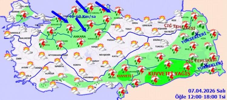 <p><span style="color:#B22222"><strong>BATI KARADENİZ</strong></span></p>

<p>&nbsp;</p>

<p>Par&ccedil;alı, yer yer &ccedil;ok bulutlu, aralıklı sağanak ve g&ouml;k g&uuml;r&uuml;lt&uuml;l&uuml; sağanak yağışlı ge&ccedil;eceği tahmin ediliyor. R&uuml;zgarın kuzeybatı y&ouml;nlerden kuvvetli (40-60 km/sa) esmesi bekleniyor.</p>
