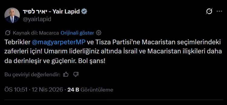 <p><strong>İSRAİL'DEN İLK YORUM</strong></p>

<p>İsrail muhalefet lideri Yair Lapid ise Magyar ve Tisza Partisi'ni tebrik ederek beklentisini şu s&ouml;zlerle dile getirdi:<br />
"Umarım sizin liderliğinizde İsrail ile Macaristan arasındaki ilişkiler derinleşmeye ve g&uuml;&ccedil;lenmeye devam eder."</p>
