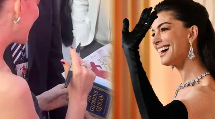 'İnşallah' diyerek g&ouml;n&uuml;llere dokunan Anne Hathaway'e Kur'an-ı Kerim hediyesi!