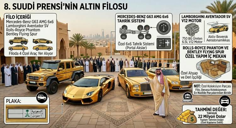 <p><span style="color:#B22222"><strong>8. SUUDİ PRENSİ'NİN ALTIN FİLOSU</strong></span></p>

<p>İ&ccedil;erik: Filoda Mercedes-Benz G63 AMG 6x6, Lamborghini Aventador SV, Rolls-Royce Phantom ve Bentley Flying Spur yer alıyor.</p>

<p>Değer: Toplam değerinin yaklaşık 22 milyon dolar olduğu tahmin ediliyor.</p>
