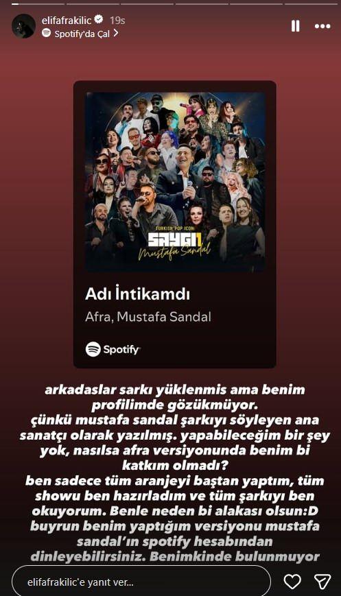 <p><span style="color:#800080"><strong><em>"Arkadaşlar şarkı y&uuml;klenmiş ama benim profilimde g&ouml;z&uuml;km&uuml;yor. &Ccedil;&uuml;nk&uuml; Mustafa Sandal, şarkıyı s&ouml;yleyen ana sanat&ccedil;ı olarak yazılmış. Yapabileceğim bir şey yok. Nasılsa Afra versiyonunda benim bir katkım olmadı!&nbsp;Ben sadece t&uuml;m aranjeyi baştan yaptım, t&uuml;m şovu ben hazırladım ve t&uuml;m şarkıyı ben okuyorum. Benimle neden bir alakası olsun!"&nbsp;</em></strong></span></p>
