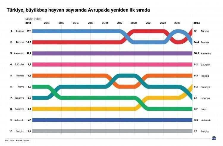 <p><span style="color:#B22222"><strong>T&Uuml;RKİYE B&Uuml;Y&Uuml;KBAŞ HAYVANCILIKTA AVRUPA'DA BİRİNCİ SIRADA</strong></span></p>

<p>&nbsp;</p>

<p>Avrupa İstatistik Ofisi (Eurostat) ve T&uuml;rkiye İstatistik Kurumu (T&Uuml;İK) verilerinden derlediği bilgilere g&ouml;re, T&uuml;rkiye, son yıllarda AB &uuml;lkelerine kıyasla hem k&uuml;&ccedil;&uuml;kbaş hem de b&uuml;y&uuml;kbaş hayvan varlığında lider konuma geldi.</p>
