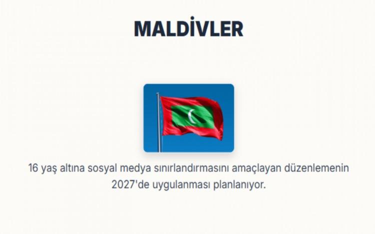 <p><strong>MALDİVLER:</strong></p>
<p>16 yaş altına sosyal medya sınırlandırmasını amaçlayan düzenlemenin 2027'de uygulanması planlanıyor</p>