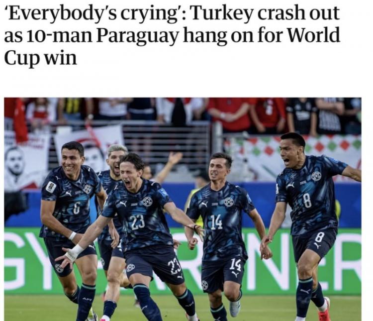 <p><span style="color:#B22222"><strong>THE GUARDIAN: ERKEN VEDAYA MAHKUM ETTİ</strong></span></p>

<p>&ldquo;"10 kişi kalan Paraguay, D&uuml;nya Kupası'nın şu ana kadarki en erken gol&uuml;n&uuml; atarak etkisiz bir T&uuml;rkiye'yi 1-0 mağlup etti. Bu sonu&ccedil;la turnuvadaki umutlarını yeniden canlandıran G&uuml;ney Amerika temsilcisi, rakibini ise b&uuml;y&uuml;k bir hayal kırıklığıyla erken vedaya mahkum etti."&rdquo;</p>
