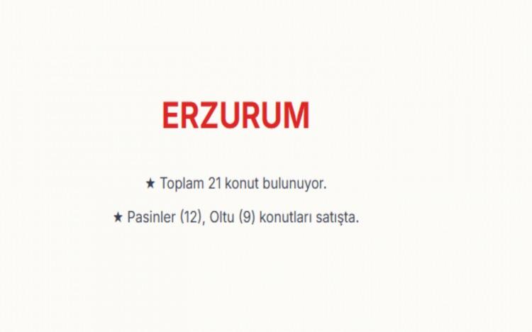 <p><span style="color:#B22222"><strong>ERZURUM:&nbsp;</strong></span><br />
Toplam 21 konut bulunuyor.&nbsp;<br />
Pasinler il&ccedil;esinde 12, Oltu il&ccedil;esinde ise 9 konut satışta bulunuyor.&nbsp;</p>

<p>&nbsp;</p>

