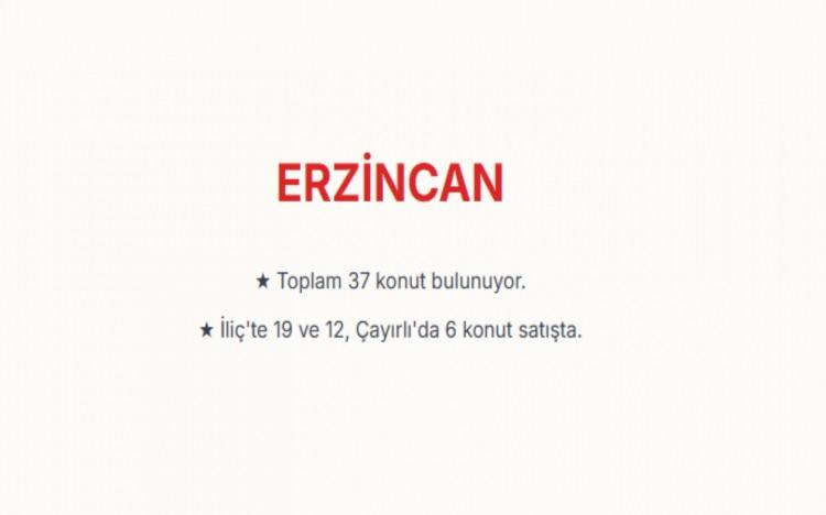 <p><span style="color:#B22222"><strong>ERZİNCAN:</strong></span><br />
Erzincan genelinde toplam 37 konut, bulunuyor.<br />
En b&uuml;y&uuml;k proje 19 konutla İli&ccedil; il&ccedil;esindeki İbrahim &Ccedil;e&ccedil;en Mahallesi'nde yer alırken, yine İli&ccedil;'teki diğer projede 12 ve &Ccedil;ayırlı il&ccedil;esinde 6 konut i&ccedil;in satışlar devam ediyor.</p>

<p>&nbsp;</p>
