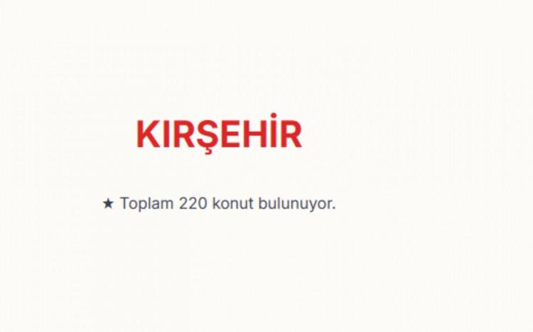 <p><span style="color:#B22222"><strong>KIRŞEHİR:&nbsp;</strong></span><br />
Kırşehir genelinde toplam 220 konut bulunuyor.&nbsp;</p>

<p>&nbsp;</p>
