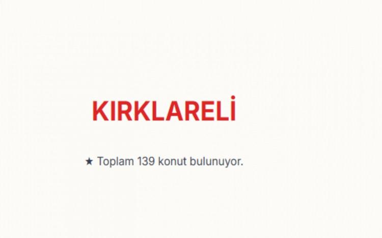 <p><span style="color:#B22222"><strong>KIRKLARELİ:</strong></span><br />
Kırklareli genelinde toplam 139 konut bulunuyor.&nbsp;</p>

<p>&nbsp;</p>
