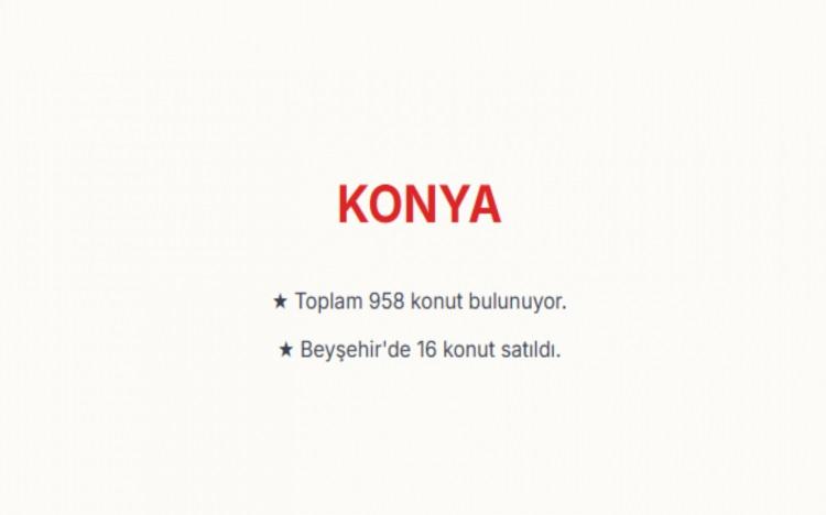 <p><span style="color:#B22222"><strong>KONYA:&nbsp;</strong></span><br />
Konya genelinde toplam 958 konut bulunuyor.&nbsp;<br />
Beyşehir il&ccedil;esinde satışa sunulan 16 konutun tamamı satıldı.<br />
Satışların devam ettiği projeler ise Akşehir, &Ccedil;umra, Doğanhisar, Ereğli, H&uuml;y&uuml;k, Kadınhanı, Karapınar, Kulu, Sel&ccedil;uklu, Taşkent, Yalıh&uuml;y&uuml;k ve Yunak il&ccedil;elerinde bulunuyor.</p>

<p>&nbsp;</p>
