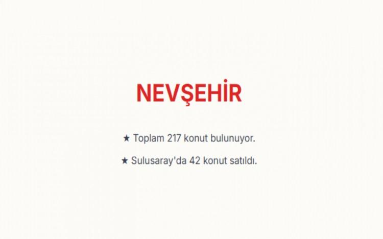 <p><span style="color:#B22222"><strong>NEVŞEHİR:&nbsp;</strong></span></p>

<p>Nevşehir genelinde toplam 217 konut bulunuyor.&nbsp;<br />
Sulusaray Beldesi'nde satışa sunulan 42 konutun tamamı satıldı.</p>

<p>Satışların devam ettiği projeler ise Derinkuyu, Kozaklı, Merkez ve &Uuml;rg&uuml;p il&ccedil;elerinde bulunuyor.</p>
