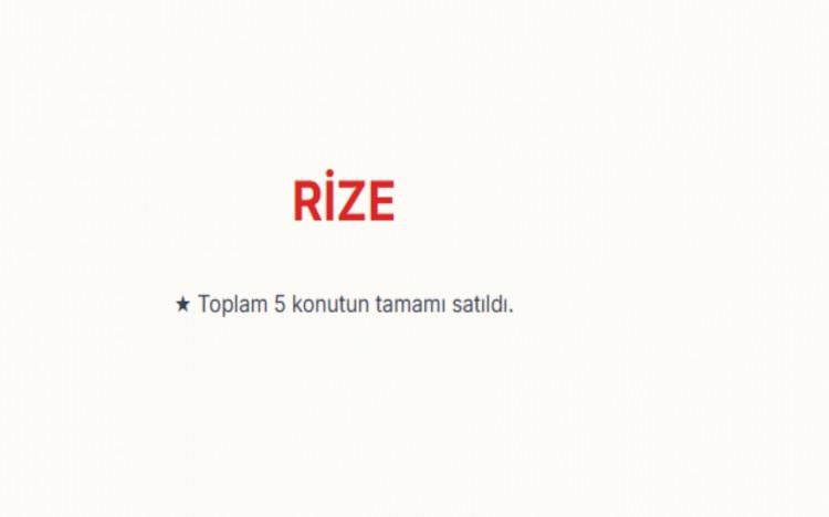 <p><span style="color:#B22222"><strong>RİZE:&nbsp;</strong></span></p>

<p>Rize genelinde toplam 5 konut bulunuyordu.&nbsp;<br />
Muradiye il&ccedil;esindeki projede satışa sunulan t&uuml;m konutların t&uuml;kenmesiyle birlikte kentte a&ccedil;ık satış kapsamında başvuruya a&ccedil;ık konut kalmadı.</p>
