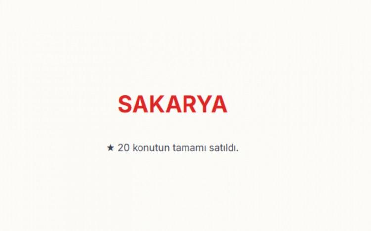 <p><span style="color:#B22222"><strong>SAKARYA:&nbsp;</strong></span></p>

<p>Sakarya genelinde toplam 20 konut satışa sunulmuştu.&nbsp;<br />
T&uuml;m konutlarun sahiplerini bulmasıyla kurasız a&ccedil;ık satış kampanyasında satışları tamamlanan iller arasına katıldı.</p>

