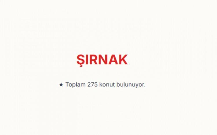 <p>ŞIRNAK:&nbsp;<br />
Şırnak genelinde toplam 275 konut bulunuyor.&nbsp;</p>

<p>&nbsp;</p>
