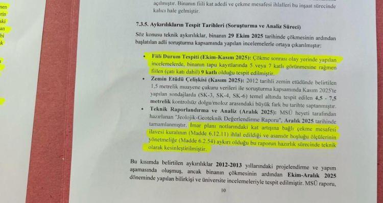 <p>Hazırlanan raporda, binanın bulunduğu alanın<span style="color:rgb(165, 42, 42)"><strong><em> eski dere yatağı niteliğinde olduğu, </em></strong></span>zeminde <span style="color:rgb(165, 42, 42)"><strong><em>doğal su hareketlerinin g&ouml;zlendiği</em></strong></span> ve <span style="color:rgb(165, 42, 42)"><strong><em>yeraltı sularının zemin yapısını</em></strong></span> zaman i&ccedil;erisinde etkileyebilecek &ouml;zellikler taşıdığı değerlendirildi.&nbsp;</p>
