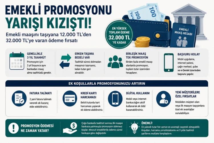 <p><strong>EMEKLİ PROMOSYONUNDA TEMMUZ HAREKETLİLİĞİ BAŞLADI</strong></p>

<p>&nbsp;</p>

<p><br />
Bankalar, SGK emekli maaşını 3 yıl boyunca kendi b&uuml;nyesinden alma taahh&uuml;d&uuml; veren m&uuml;şterilere maaş aralığına g&ouml;re nakit &ouml;deme yapıyor. Promosyon tutarları bankaya g&ouml;re değişiyor. Bazı bankalar yalnızca koşulsuz nakit &ouml;deme sunarken, bazıları ek fatura talimatı, kredi kartı harcaması, mobil bankacılık kullanımı veya ek &uuml;r&uuml;n koşullarıyla toplam tutarı artırıyor.</p>
