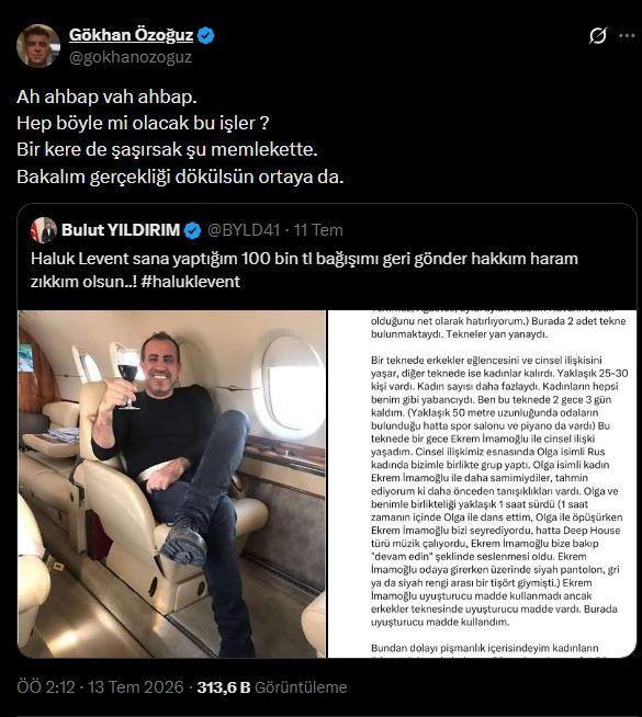 <p><strong>G&Ouml;KHAN &Ouml;ZOĞUZ'DAN&nbsp;</strong><strong>DİKKAT &Ccedil;EKEN PAYLAŞIM</strong></p>

<p>&nbsp;</p>

<p>Athena grubunun solisti G&ouml;khan &Ouml;zoğuz'da Haluk Levent'in g&ouml;zaltına alınmasıyla sessizliğini bozdu. &Ouml;zoğuz, X hesabından a&ccedil;ıklama yaparak,<strong><em> "Ah ahbap vah ahbap.&nbsp;<br />
Hep b&ouml;yle mi olacak bu işler ?&nbsp;<br />
Bir kere de şaşırsak şu memlekette.<br />
Bakalım ger&ccedil;ekliği d&ouml;k&uuml;ls&uuml;n ortaya da."</em></strong> dedi.</p>
