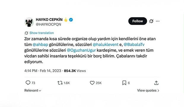 <p><span style="background-color:rgb(255, 255, 255); color:rgb(0, 0, 0)">Cepkin'in 2023 yılındaki bir başka paylaşımında ise, "Zor zamanda kısa s&uuml;rede organize olup yardım i&ccedil;in kendilerini &ouml;ne atan t&uuml;m @ahbap g&ouml;n&uuml;ll&uuml;lerine, s&ouml;zc&uuml;leri @haluklevent e, @BabalaTv g&ouml;n&uuml;ll&uuml;lerine s&ouml;zc&uuml;leri @OguzhanUgur kardeşime ve emek veren t&uuml;m vicdan sahibi insanlara teşekk&uuml;r&uuml; bir bor&ccedil; bilirim. &Ccedil;abalarını takdir ediyorum" paylaşımında bulundu.</span></p>
