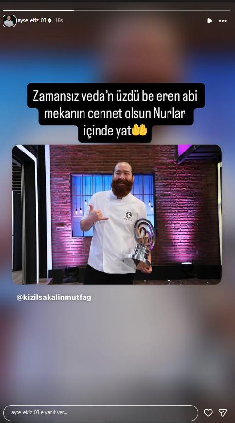 <p><span style="color:#B22222"><strong>AYŞE EKİZ</strong></span></p>

<p><span style="color:#800080"><em><strong>"Zamansız vedan &uuml;zd&uuml; be Eren abi. Mekanın cennet olsun. Nurlar i&ccedil;inde yat."</strong></em></span></p>
