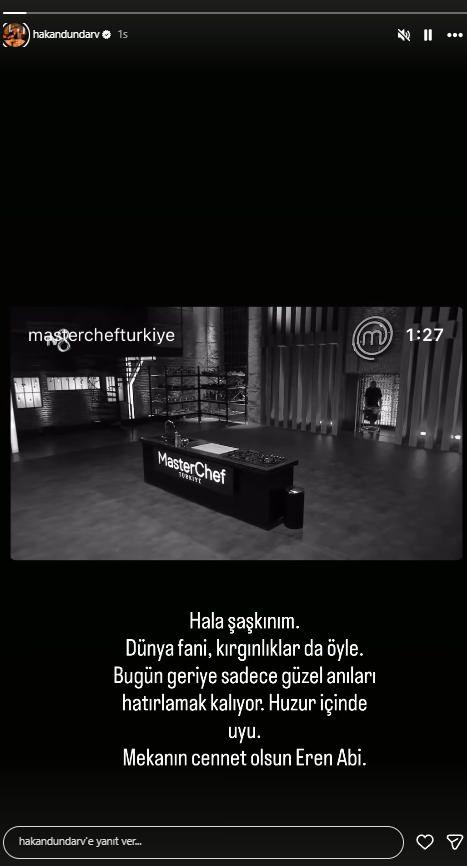 <p><span style="color:#B22222"><strong>HAKAN D&Uuml;NDAR</strong></span></p>

<p><span style="color:#800080"><em><strong>"Hala şaşkınım. D&uuml;nya fani, kırgınlıklar da &ouml;yle. Bug&uuml;n geriye sadece g&uuml;zel anıları hatırlamak kalıyor. Huzur i&ccedil;inde uyu. Mekanın cennet olsun Eren Abi."</strong></em></span></p>
