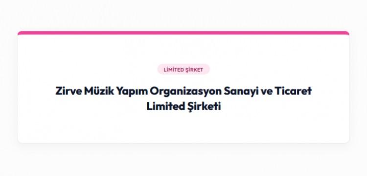 <p><strong>Zirve M&uuml;zik Yapım Organizasyon Sanayi ve Ticaret Limited Şirketi,</strong></p>

<p>&nbsp;</p>
