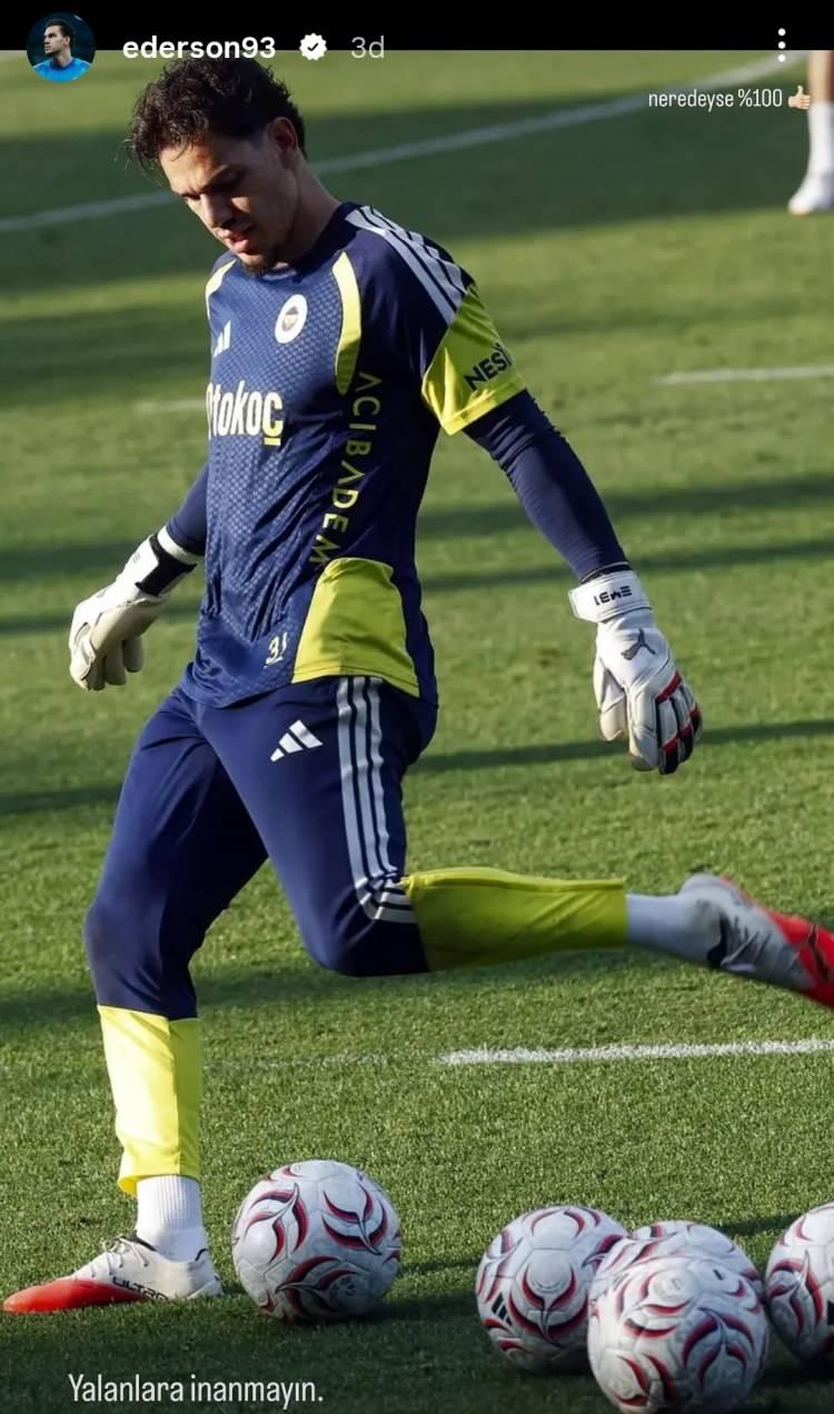 <p>Antrenman fotoğrafını paylaşan Ederson, &ldquo;Neredeyse y&uuml;zde 100. Yalanlara inanmayın&rdquo; ifadelerini kullandı.</p>
