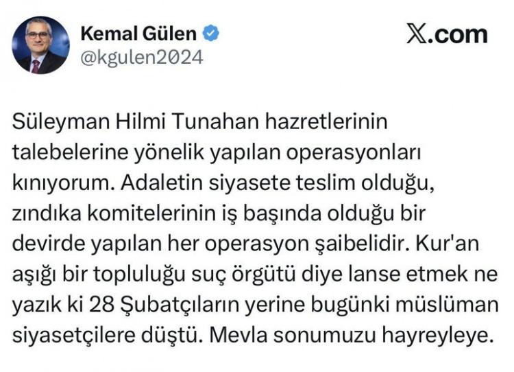 <p><strong>FETULLAH GÜLEN'İN YEĞENİ DE OPERASYONU HEDEF ALDI</strong></p>
<p>Gülen'in yeğeni Kemal Gülen de Süleymancılar yapılanmasına yönelik operasyonun ardından devreye girdi.</p>
<p> </p>