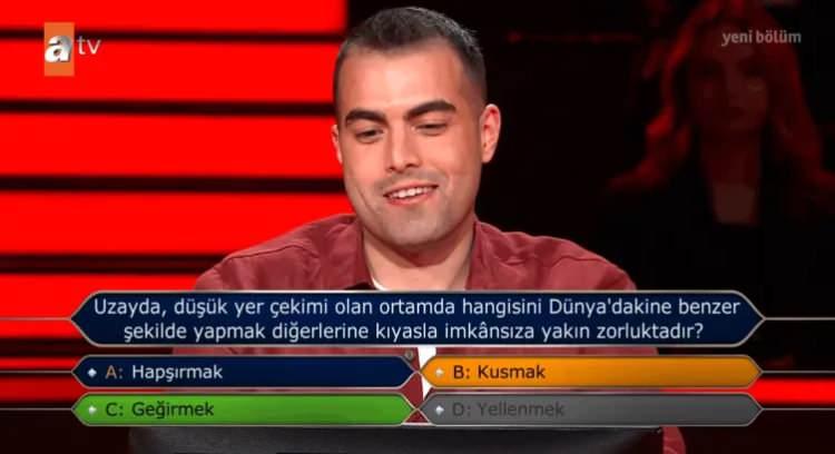 <p><strong>Uzayda yer &ccedil;ekiminin &ccedil;ok d&uuml;ş&uuml;k olması, v&uuml;cuttaki gazların D&uuml;nya&rsquo;dakinden farklı hareket etmesine neden olduğu i&ccedil;in uzayda geğirmek, D&uuml;nya&rsquo;dakine kıyasla olduk&ccedil;a zor. Bu y&uuml;zden sorunun doğru cevabı C şıkkı &ldquo;Geğirmek&rdquo;ti.</strong></p>
