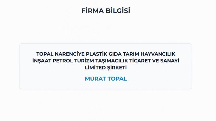 <p><span style="color:#B22222"><strong>ERDEMLİ / MERSİN - </strong></span></p>

<p><strong>TOPAL NARENCİYE PLASTİK GIDA TARIM HAYVANCILIK İNŞAAT PETROL TURİZM TAŞIMACILIK TİC.VE SAN.LTD.ŞTİ.</strong></p>
