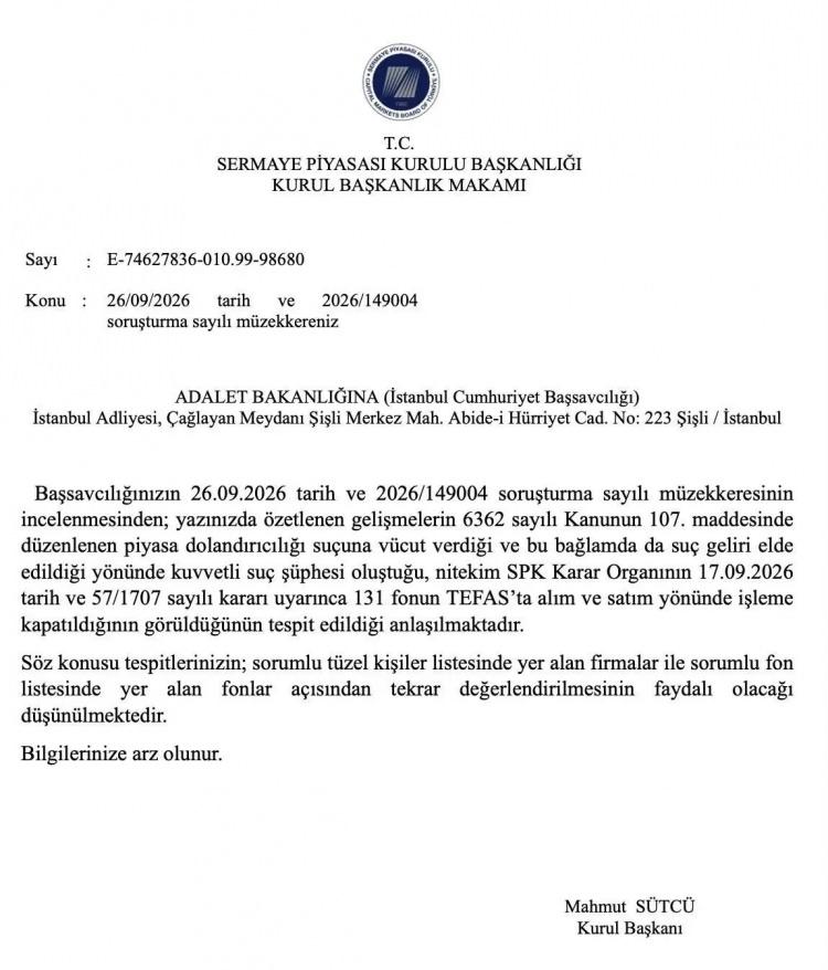 <p>SPK, Başsavcılığa yaptığı bildirimde soruşturmadaki su&ccedil; ş&uuml;phesine y&ouml;nelik tespitlere itiraz etmezken, 26 Eyl&uuml;l tarihli m&uuml;zekkerede "sorumlu t&uuml;zel kişiler" ve "sorumlu fonlar" listelerinde yer alan şirket ve fonlar y&ouml;n&uuml;nden tedbirlerin yeniden değerlendirilmesinin faydalı olacağını bildirdi.</p>

<p>&nbsp;</p>
