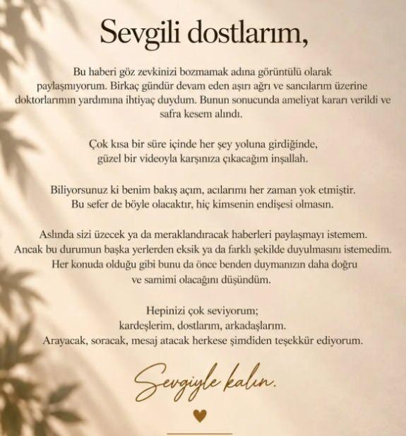 <p>Yapılan değerlendirmelerin ardından safra kesesi ameliyatı ge&ccedil;iren sanat&ccedil;ı, sağlık durumunun iyi olduğunu a&ccedil;ıkladı.</p>

