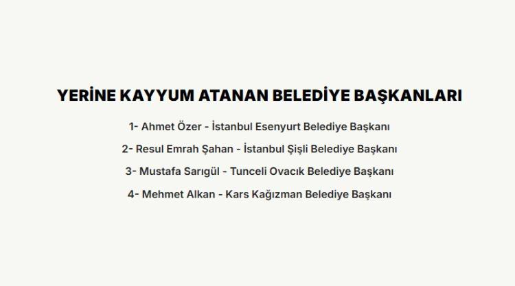 <p><strong>YERİNE KAYYUM ATANAN BELEDİYE BAŞKANLARI</strong></p>

<p>&nbsp;</p>
