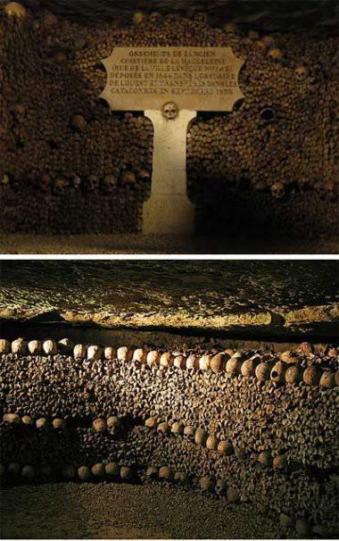 6-Catacombs of Paris /FRANSA   1.700'lü yıllarda Paris'te meydana gelen veba gibi salgın hastalıklardan ölenler kilisenin kararıyla , kireç ocaklarında yakıldı.Bu maksatla yerin altına yapılmış odalarda binlerce insan kireçlenek ortadan kaybedildi.Kilise tarafından adeta bir vahşet yapılarak yapılan dehşetengiz ceset odalarının varlığı uzun süre bilinmiyordu.Ta ki 1.844 yılında ilk kazılarda  odalar ortaya çıkarılıncaya kadar bu konu gizli kaldı.Ardından yapılan Paris Metrosu'nun inşaatı sırasında bütün Paris'in altının mezar odalarıyla dolu olduğu görüldü.Ortaya çıkarılan bu odalarda görüntüler gerçekten dehşet vericiydi.Hemen her odada yüzlerce insan kafası ve iskeleti bulundu. 