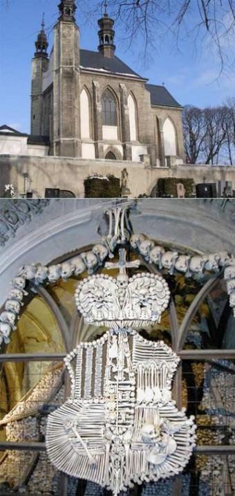 9-Sedlec Ossuary/ÇEK CUMHURİYETİ Asıl adı kostnice Sedlec (ya da İngilizcesiyle "Sedlec Ossuary") olan Sedlec Şapeli, Çek Cumhuriyeti'nin Kutna Hora şehrinin Sedlec mahallesinde bulunan Tüm Azizler Kilisesi mezarlığında konumlanmıştır. Katolik kilisesi'ne bağlı olan bu küçük şapelin son derece ilginç bir özelliği, dünya çapında pek çok kişinin kendisinden haberdar olmasını sağlıyor. Şapel ( ya da anlamı kemik kuyusu ya da kemik deposu şeklinde tercüme edilebilecek olan "ossuary"), döşeme ve dekorasyonunda kullanılan 40,000 (yazı ile kırk bin) kadar insan iskeleti ile tanınıyor ve muhtemelen pek çoğunuzun posta kutusuna da bu özelliği ile konuk olmuş durumda.