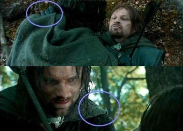 <p>Yüzüklerin Efendisi Yüzük Kardeşliği - Boromir’in elinin kaybolması: Boromir’in ölümünden önce Aragorn ile konuştukları sahnede, arkadan çekimde Boromir’in sağ elini Aragorn’un sol omuzuna koyduğunu görebiliyoruz. Kamera açısı Boromir’in perspektifine döndüğü zaman ise Boromir’in elinin artık Aragorn’un omuzunda olmadığını görebilirsiniz.</p>