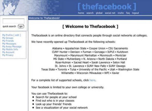 Facebook (2004) 4 Şubat 2004... Mark Zuckerberg'in Harvard Üniversitesi'nde okuduğu o günlerde yarattığı Facebook'un ilk hali böyleydi ve bugünün Facebook'uyla mavi-beyaz tonlu renkler haricinde hiçbir benzerlik yoktu.