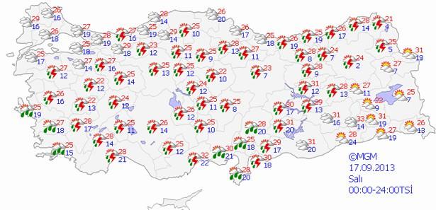 <p>Yapılan son değerlendirmelere g&ouml;re; Doğu Karadeniz kıyıları ve Ardahan &ccedil;evreleri ile Adana, Osmaniye ve Hatay'ın kıyı il&ccedil;elerinde beklenen yağışlara ilave olarak yurdun batı kesimleri akşam saatlerinden sonra yeni bir yağışlı havanın etkisine girecek. Sağanak ve yer yer g&ouml;k g&uuml;r&uuml;lt&uuml;l&uuml; sağanak şeklinde g&ouml;r&uuml;lecek yağışların gece saatlerinden sonra İzmir'in g&uuml;ney ve batı il&ccedil;eleri ile Aydın ve Muğla'nın kıyı kesimlerinde kuvvetli olacağı tahmin ediliyor.</p>