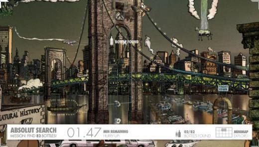 Absolute Search  Absolute Seach oyununda şehri ayrıntılı olarak tarayarak gizlenmiş Absolute Vodka şişelerini bulmaya çalışıyorsunuz.