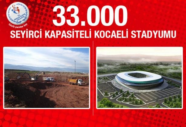 <p><strong>Kocaeli Stadyumu: </strong>Kocaeli'nde yapımı tüm hızıyla devam eden 33 bin seyirci kapasiteli stadyumun bugün itibariyle fiziki gerçekleşme seviyesi yüzde 5 seviyelerinde. Kocaeli Stadyumu'nun proje maliyeti ise 160 milyon TL.</p>