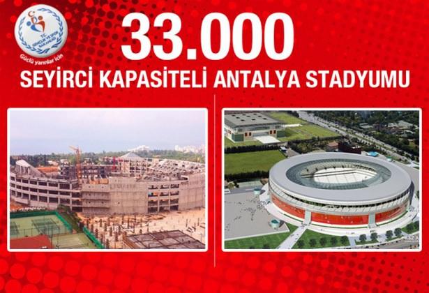 <p><strong>Antalya Stadyumu:</strong> Son yıllarda yapılan yatırımların ardından tatil turizmin başkenti olma özelliğinin yanına spor turizmini de ekleyen Antalya, 33 bin seyirci kapasiteli stadyumunun tamamlanması için geri sayımını sürdürüyor. Geçtiğimiz yılın ilk ayında sözleşmesi yapılan stadyumun fiziki gerçekleşme oranı bugün itibariyle yüzde 35 seviyelerinde. Proje maliyeti 103 milyon TL Antalya Stadyumu, 200 bin metrekareden daha geniş bir alana inşa ediliyor.</p>