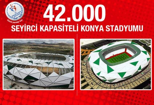 <p><strong>Konya Stadyumu:</strong> Geçtiğimiz yılın Ağustos ayında ihalesi yapılan ve hemen ardından yer teslimi gerçekleşen 42 bin seyirci kapasiteli Konya Stadyumu'nda bugün itibariyle yüzde 75 fiziki gerçekleşme oranına ulaşıldı. Konya Stadyumu'nun proje maliyeti de 160 milyon TL.</p>
