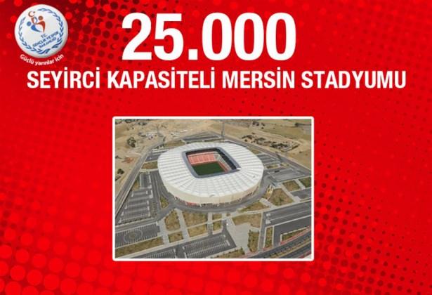 <p><strong>Mersin Stadyumu:</strong> Süper Lig'in yeni ekiplerinden Mersin İdmanyurdu'nun maçlarına ev sahipliği yapacak Mersin Stadyumu, geçtiğimiz yıl Mersin'de düzenlenen 17. Akdeniz Oyunları'nın açılış ve kapanış törenlerine de ev sahipliği yapmıştı. 25 bin seyirci kapasitesine sahip stadyumun proje maliyeti 125 milyon TL idi. </p>
