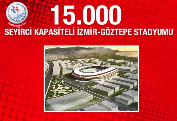<p><strong>İzmir Göztepe Stadyumu: </strong>Çok uzun yıllardır yeni stadyum bir stadyum beklentisi olan İzmirlilerin bu isteğini Gençlik ve Spor Bakanlığı, İzmir'e son derece modern iki stadyum yaparak gideriyor. Bu stadyumlardan ilki 75 milyon TL proje maliyetine sahip İzmir Göztepe Stadyumu. 15 bin seyirci kapasiteli olacak stadyumun Nisan ayında sözleşmesi imzalandı ve yer teslim aşamasına geçildi.</p>
