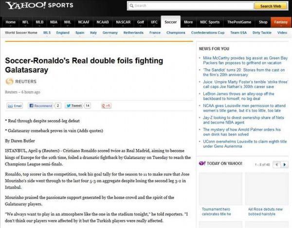 <p>Futbolseverlere heyecanlı dakikalar yaşatan karşılaşmanın hemen ardından internet sayfasında, "Real titredi" başlığını atan La Gazzetta dello Sport, "Real'in tüyleri diken diken oldu. Türkler 3-2 kazandı, Ronaldo Real'i yarı finale taşıdı. Eboué, Sneijder ve Drogba'nın golleri inanılmaz görüntüler ortaya koydu" diye maçın sonucunu duyurdu.</p>